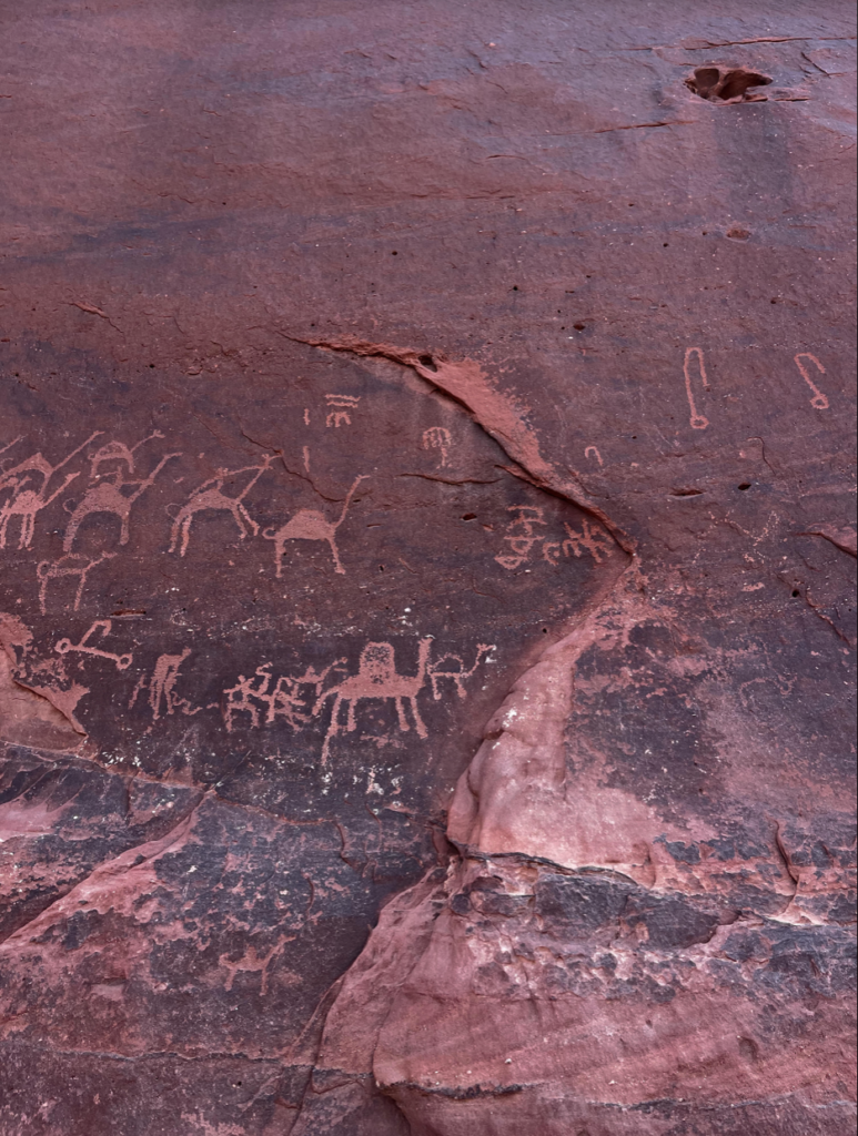 Camel carvings from ancient traders and nomadic tribes spotted on a canyon wall