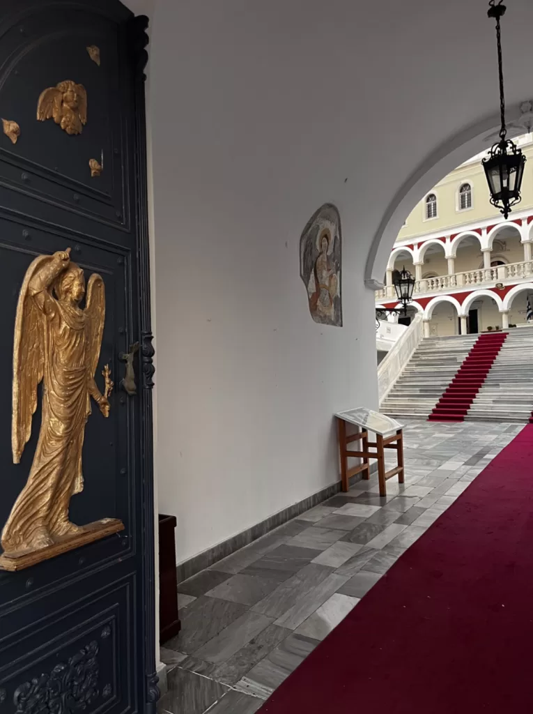 Red carpets running through the entrance of Panagia Church