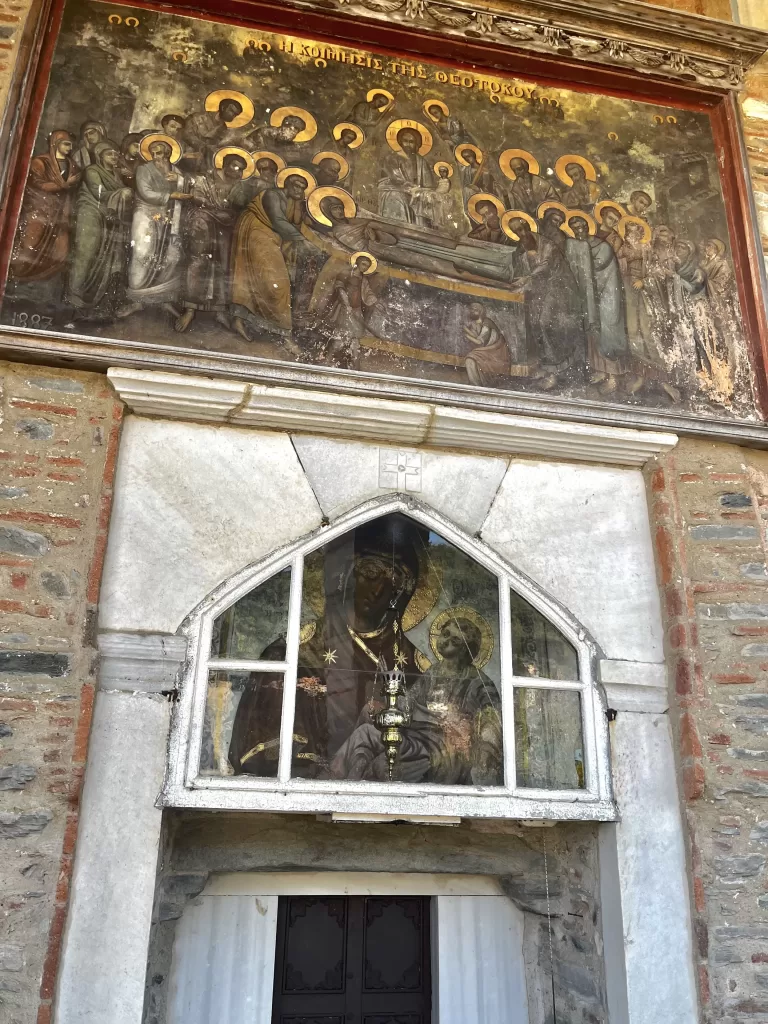 Icon of the Assumption of the Virgin Mary above a monastery entrance Mount Athos