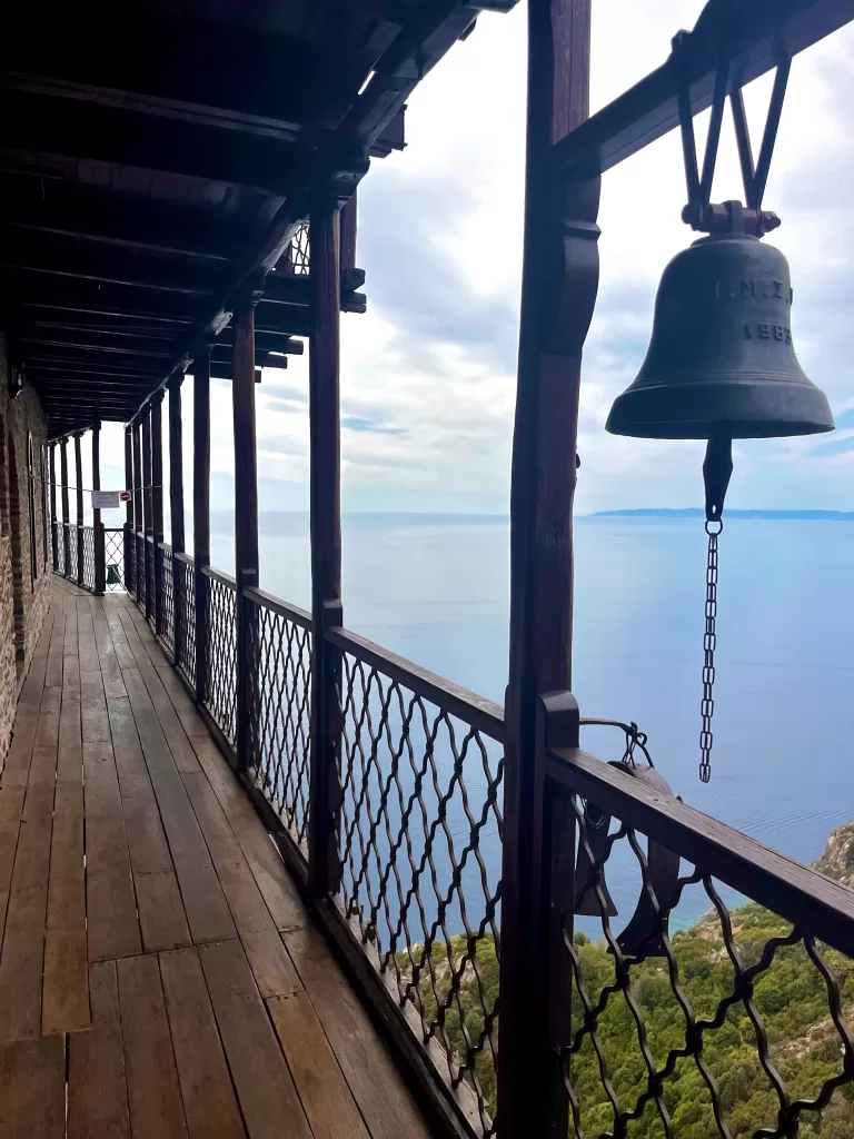 Simonopetra bell and view of the Aegean Sea