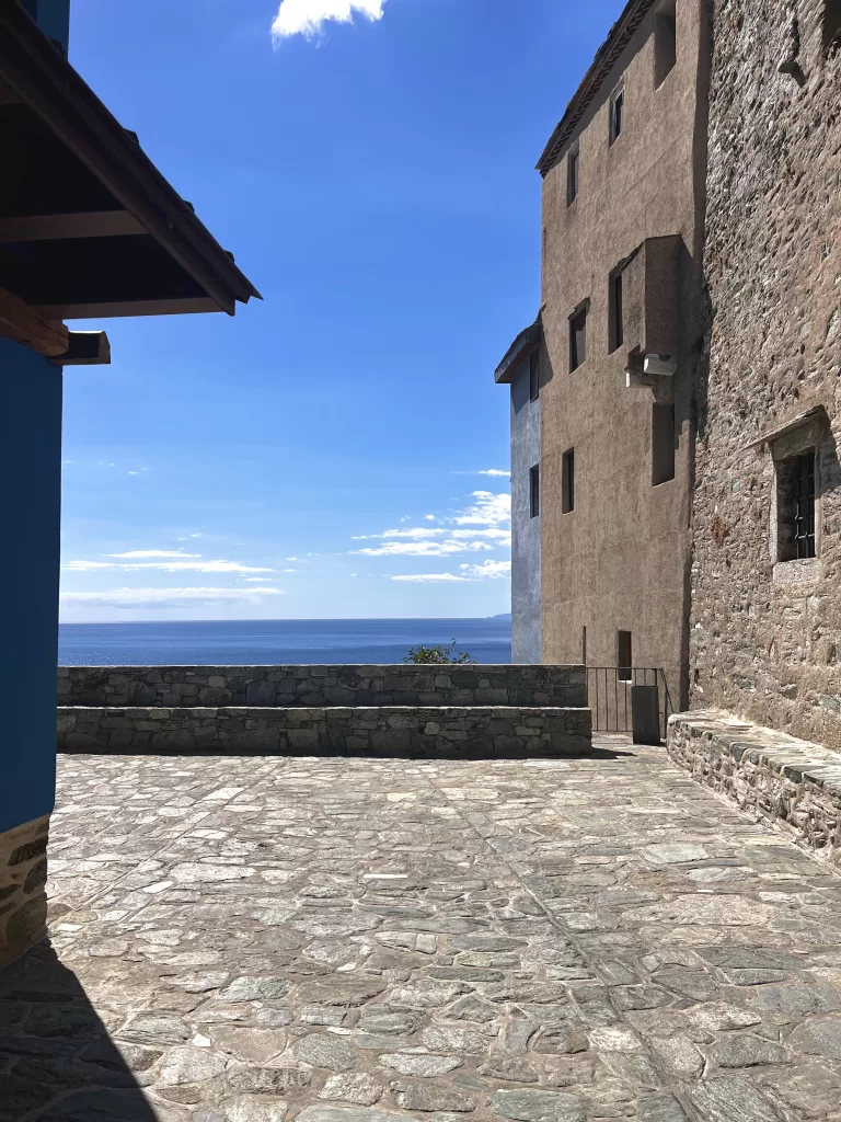 Sea view near the entrance of Dionysiou Monastery