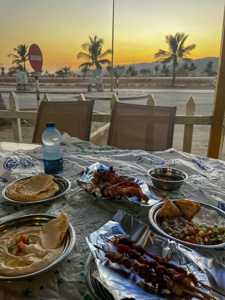 camel skewers in an omani restaurant 